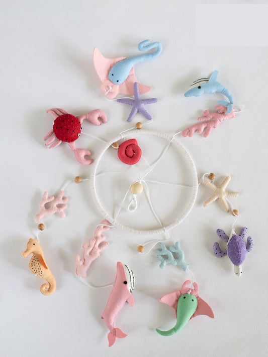 Complete Deep in the Ocean handcrafted felt crib mobile featuring whales, turtle, seahorse, crab, stingray, starfish, shells, and coral for premium nursery décor.