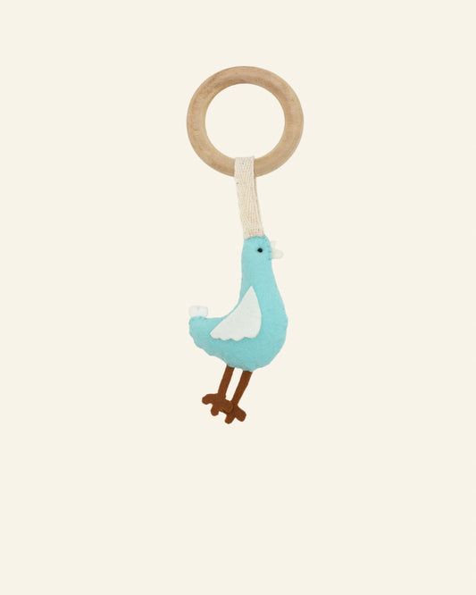 Full view of Eggsy soft felt bird hanging toy with a sturdy wooden attachment ring, ideal for crib mobiles, stroller accessories, newborn entertainment, and baby gifting.