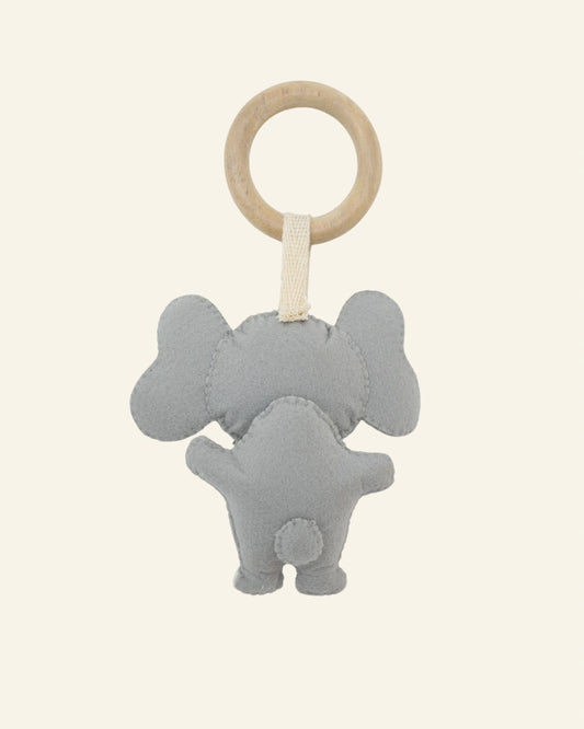 Rear view of the handcrafted Elio elephant baby teether with premium felt craftsmanship, secure stitching, and a polished wooden ring for little hands to hold.